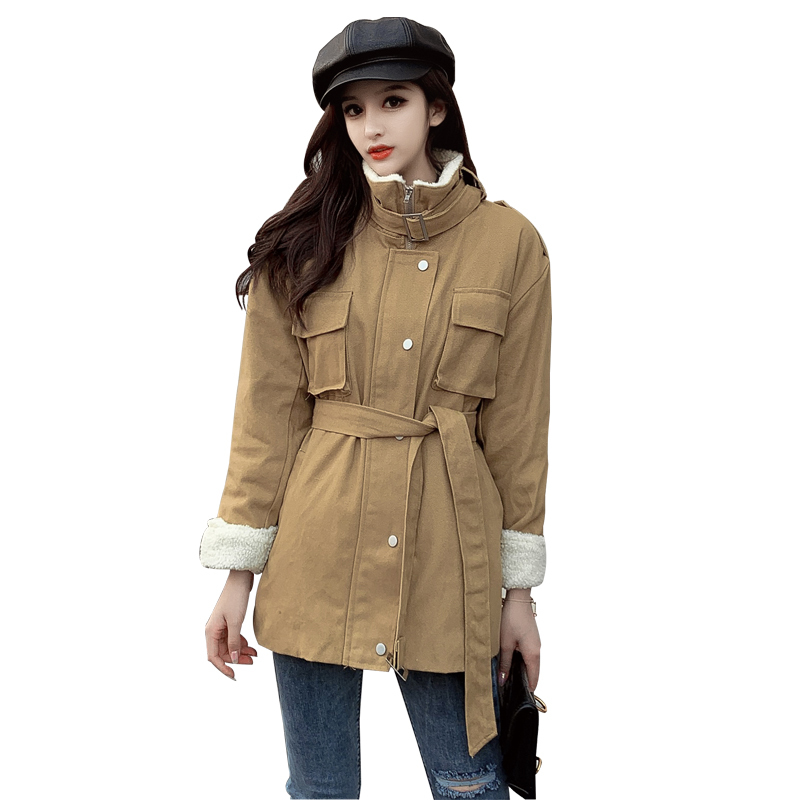 Winter Thickened Waist Thin Lamb Wool Mid-long Cotton Parkas Women Long Sleeve Stand Collar Slim Jacket 210514
