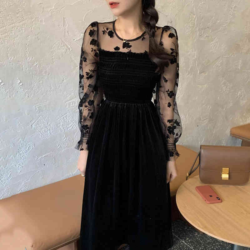 Elegant Black Velvet Dress Women Fashion Korean Chic Floral Mesh Sleeve Autumn Retro Vestidos Sexy Dresses 210519