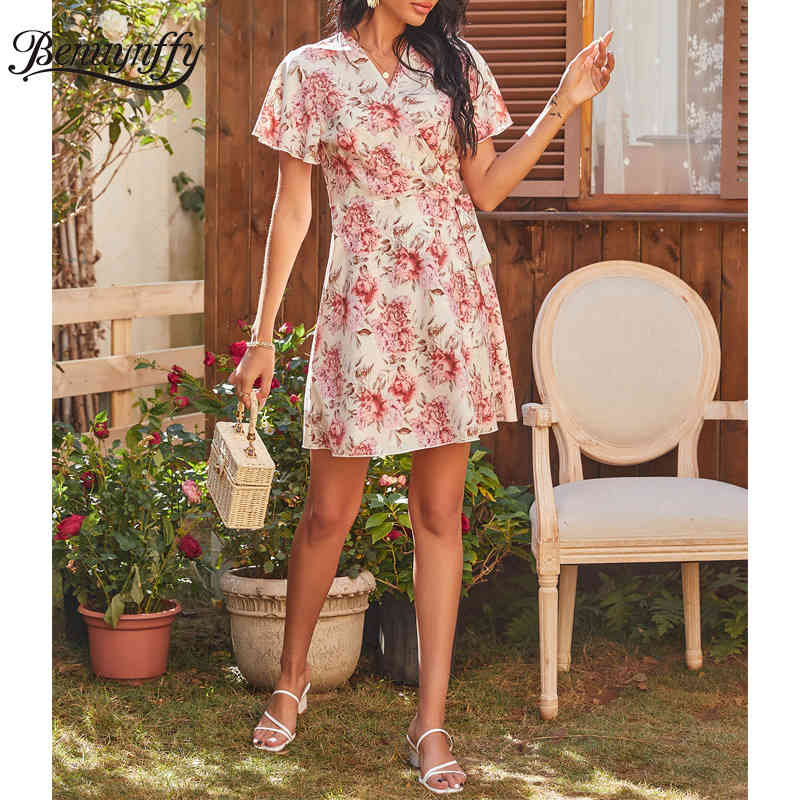 V-neck Tie Waist Wrap Mini Dresses Boho Casual Women Summer Short Sleeve Elegant Floral Print A-Line Dress 210510