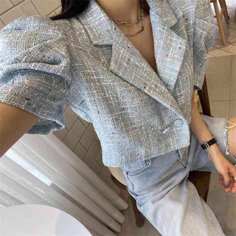 Korean Vintage Tweed Tops Summer Elegant Notched Collar Ladies Puff Sleeve Short Chic Jackets Coat 210519