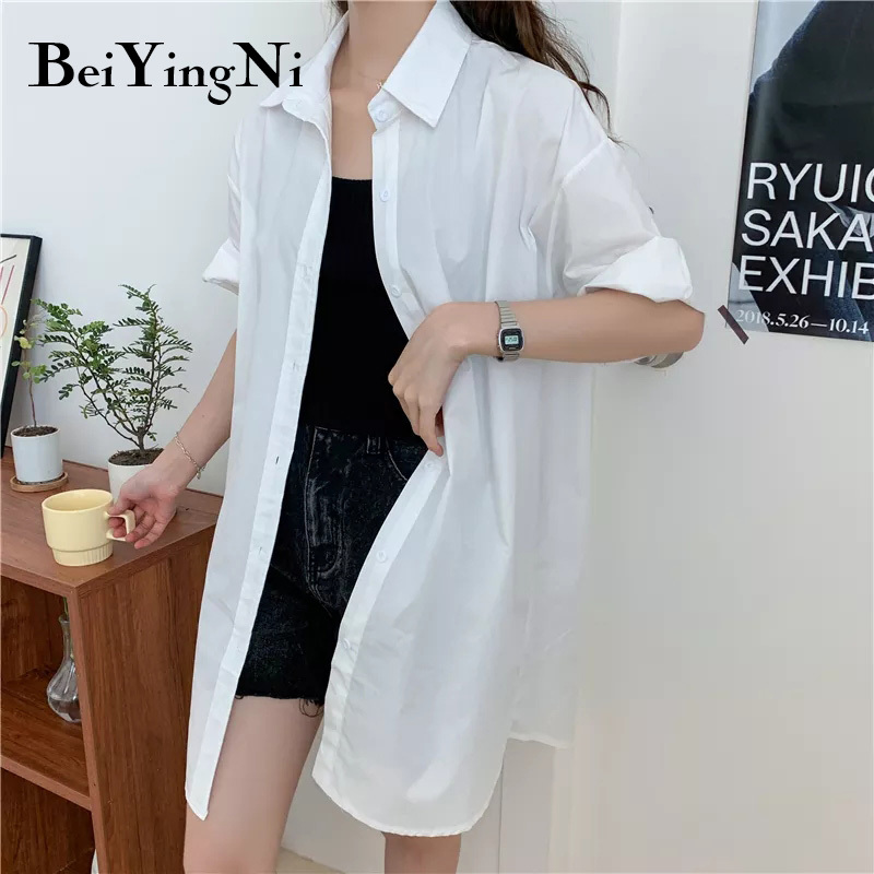 Oversized Shirt Dress Women Plain Short Sleeve White Casual Summer Long Blouses Dresses Slim Korean Chic Vestidos Lady 210506