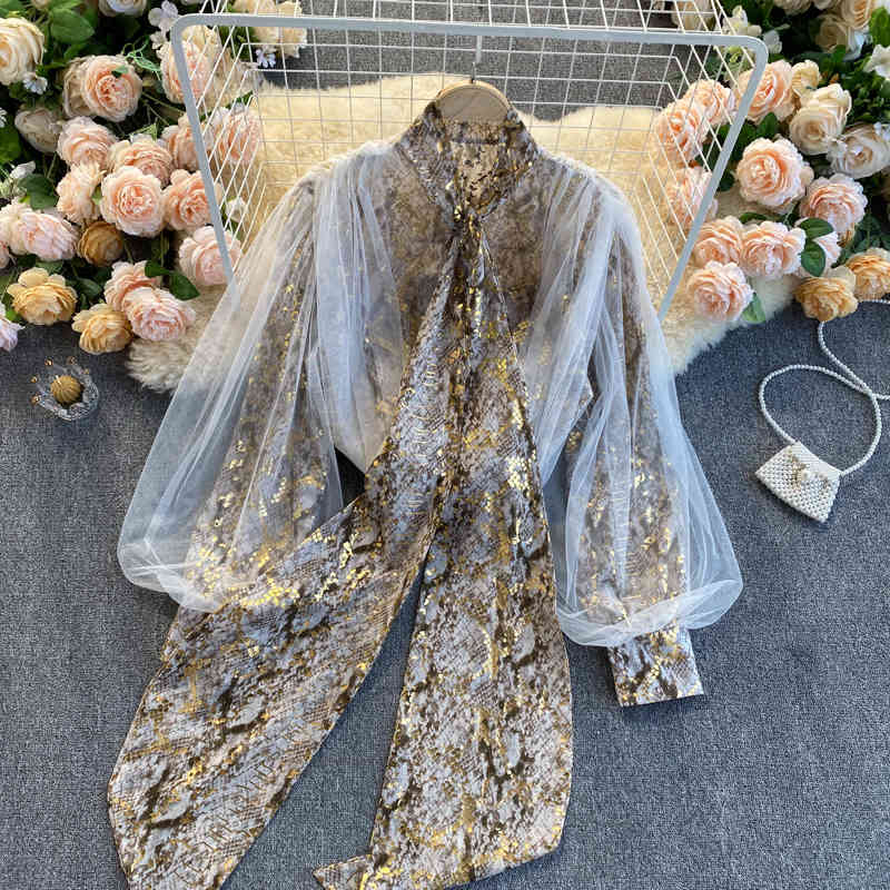 Nomikuma Snake Skin Printed Blouse Tops Korean Bow Tie Collar Lanter Sleeve Shirt New Spring Mesh Patchwork Blusas Mujer 6E073 210427