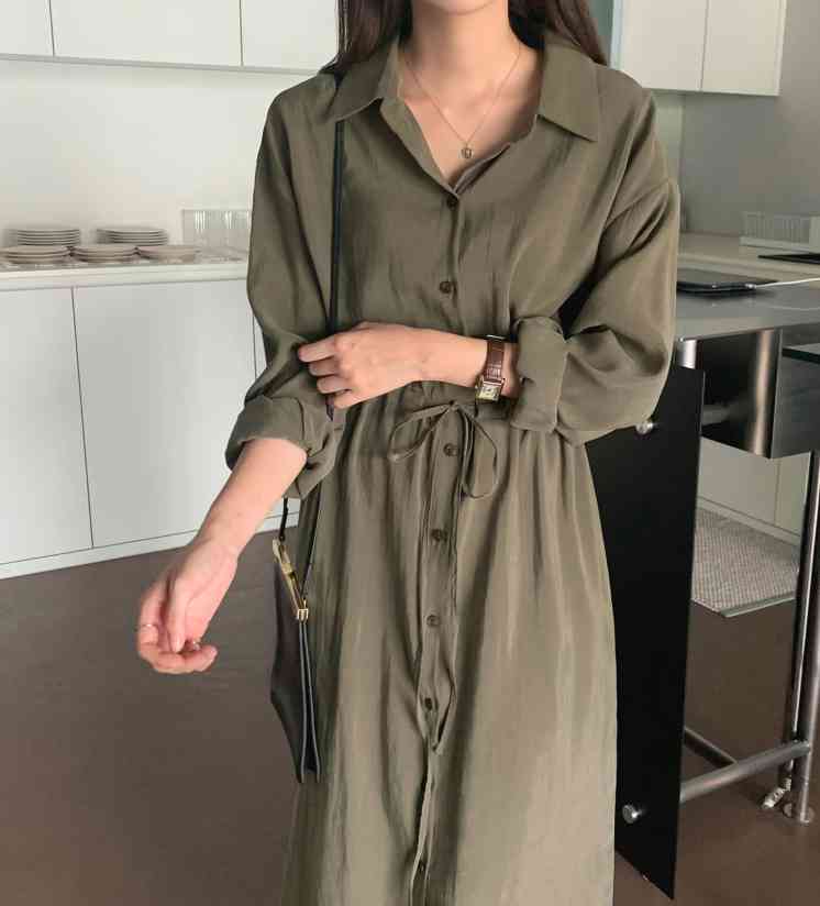 Women Shirt Dress Solid Multi Colors Casual Oversize Lace Up Long Loose Sleeve Vintage 901B 210420