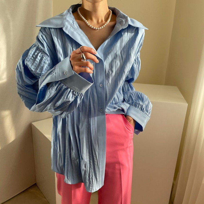 Spring Women's Fashion Folds Blouse Single Breasted Turn-down Collar Long-sleeved Minimalist Loose Shirt Female 210427