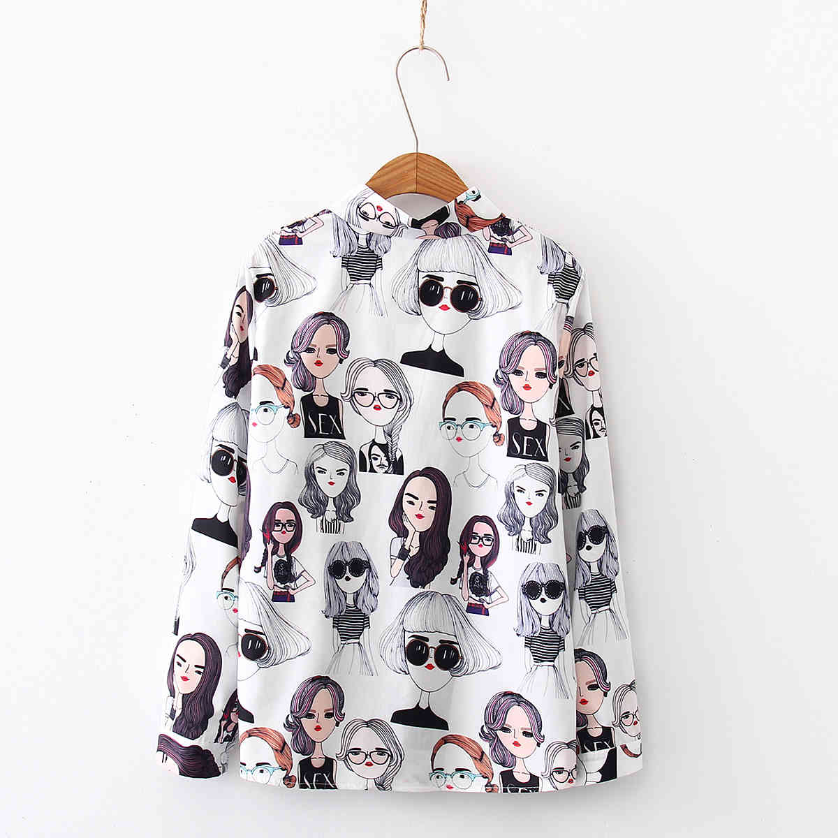Loose Blouses Cute Cartoon Shirts Women Tops Korean Style Vintage Beauty Print Long Sleeve Blouse POLO Collar Shirt 6712 50 210508