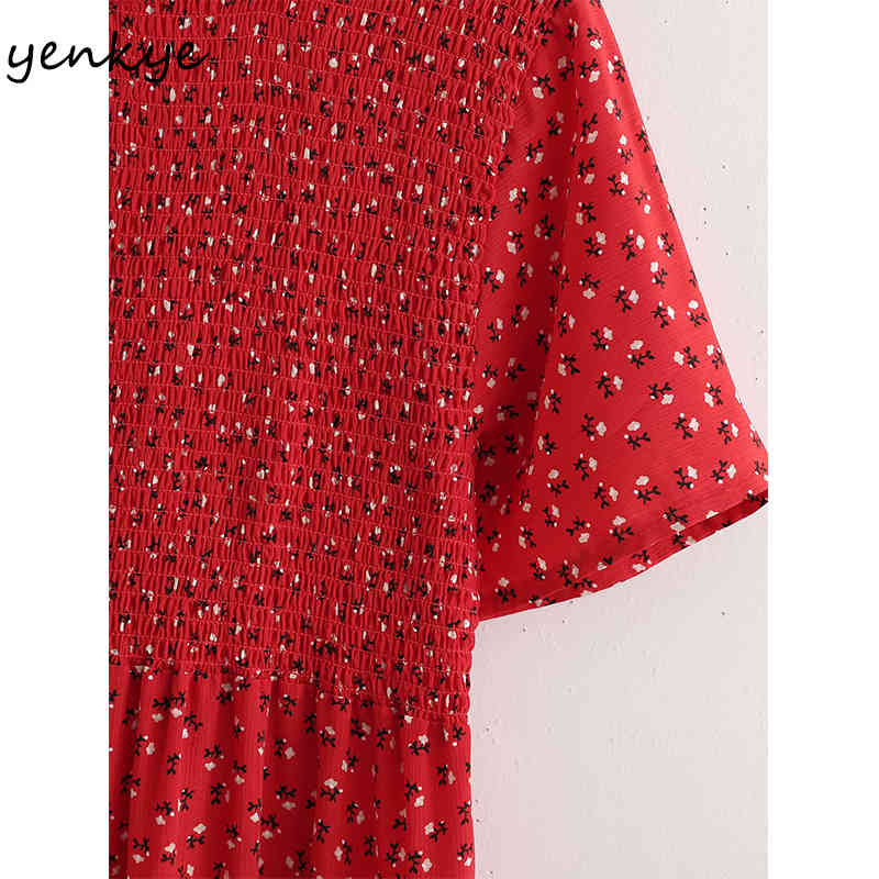Summer Women Floral Print Red Dress Female Short Sleeve O Neck Robe Slim Casual Long 210430