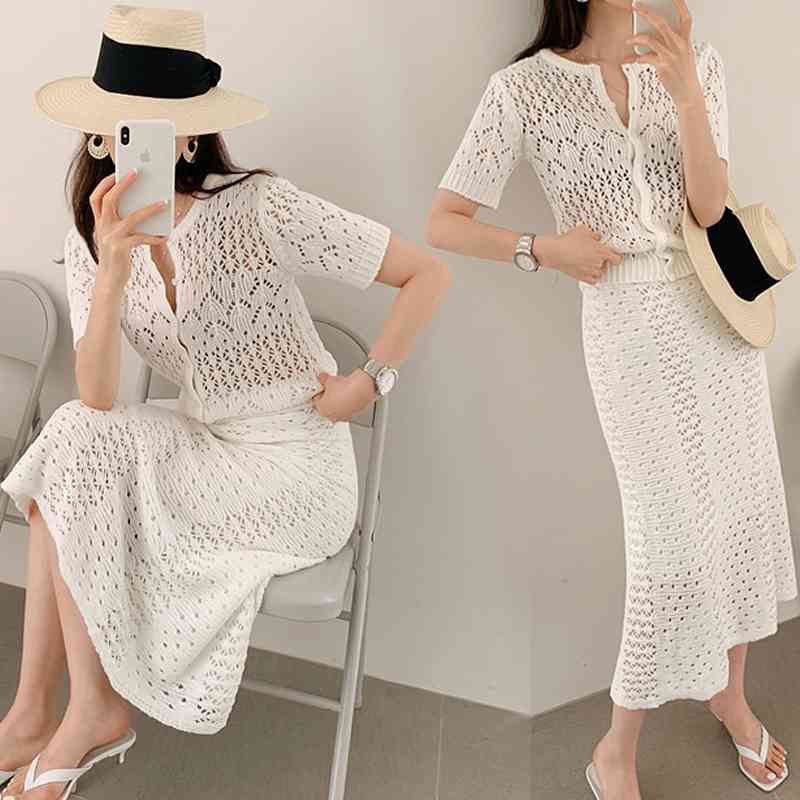 Comelsexy Vintage Elegant Lace Bodycon Dress Two Piece Set Hollow Out Spring Dress Suit Summer Sexy Party Club Midi Dresses 210515