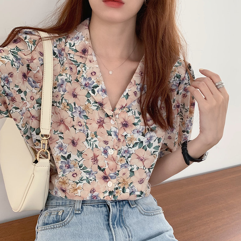 Office Lady Streetwear Florals Sweet Fashion Thin Shirt Puff Sleeves All Match Loose Women Tops Blouses 210421