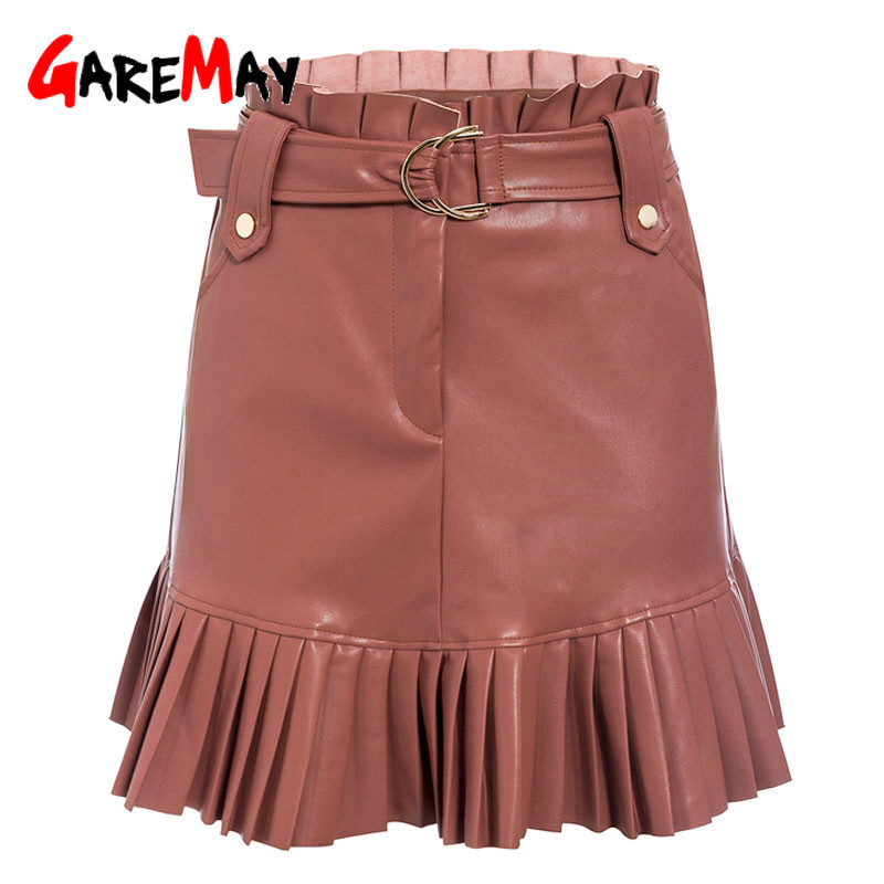 PU Leather Skirts for Women Autumn Winter Mini Skirt Female Pleated Ruffles Belt Black Red High Waist Fashion 210428