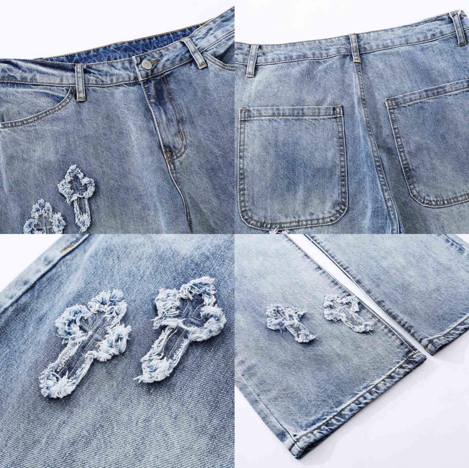 Men Fashion High Street Trousers Embroidery Cross Jeans Men/women Streetwear Loose Hiphop Casual Trousers Men Clothing 211120