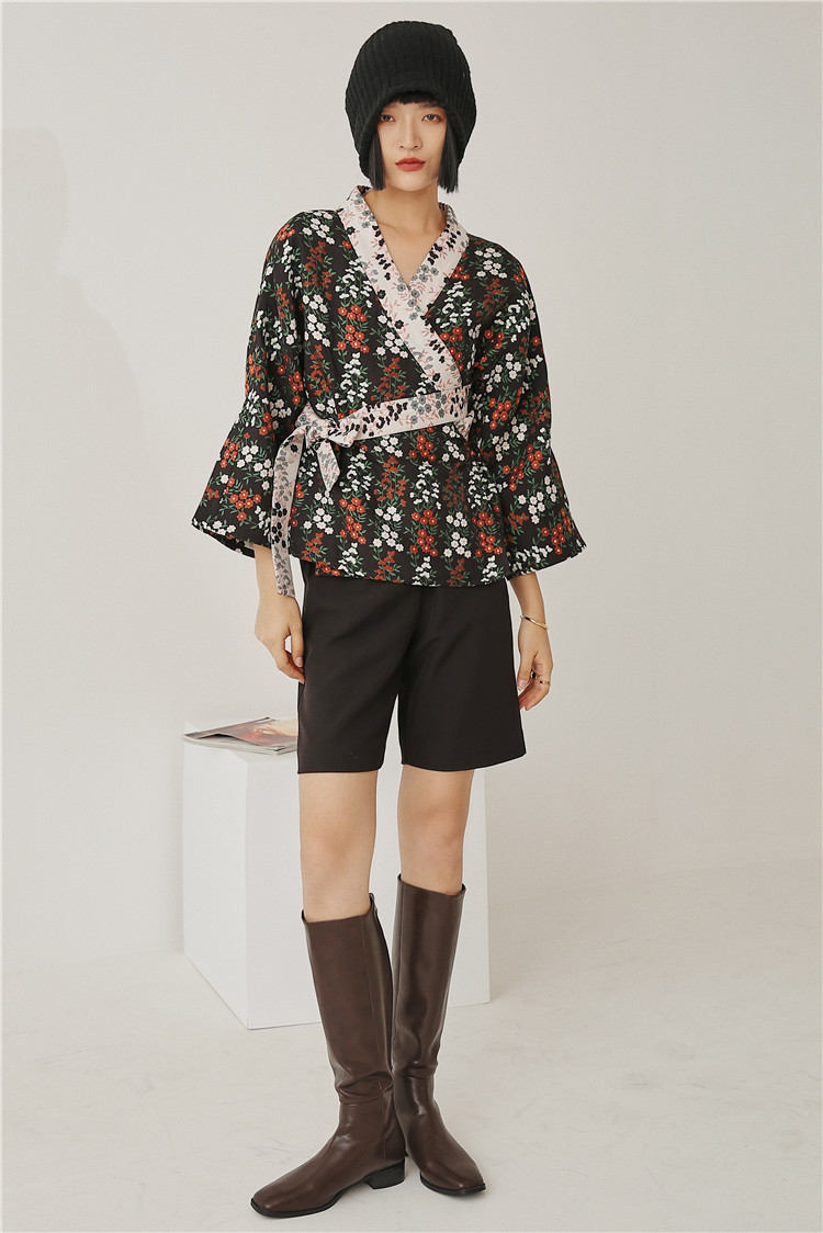 Organza Japan Style Kimono Coats And Jackets Women Autumn Vintage Floral Print Belted Jacket Ladies Fashion 210427