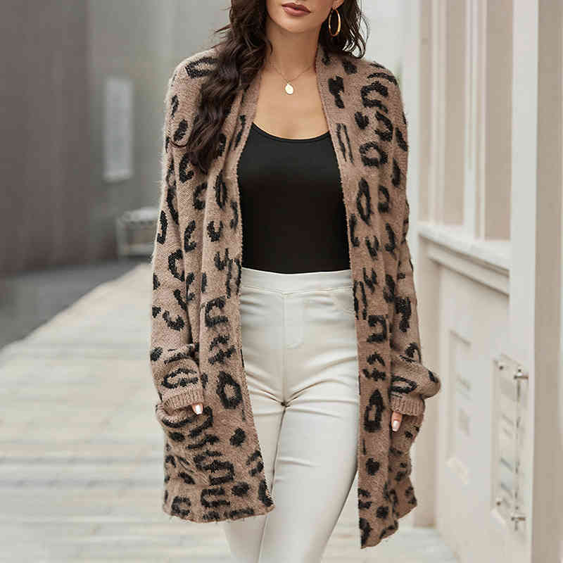 leopard print knitted long cardigans sweater women sleeve kahki vintage cardigan jumper casual office ladies outfit 210427