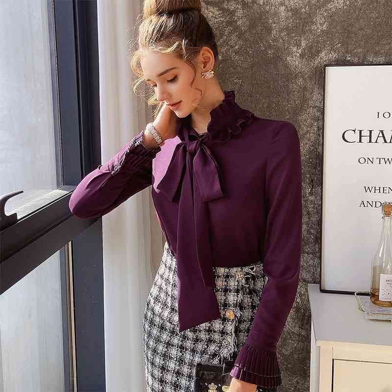 Dabuwawa Vintage Ruffles Elegant Women Blouse Shirts Casual Office Lady Bow Tie Blouses Shirt Solid Work Wear Tops DO1AST029 210520