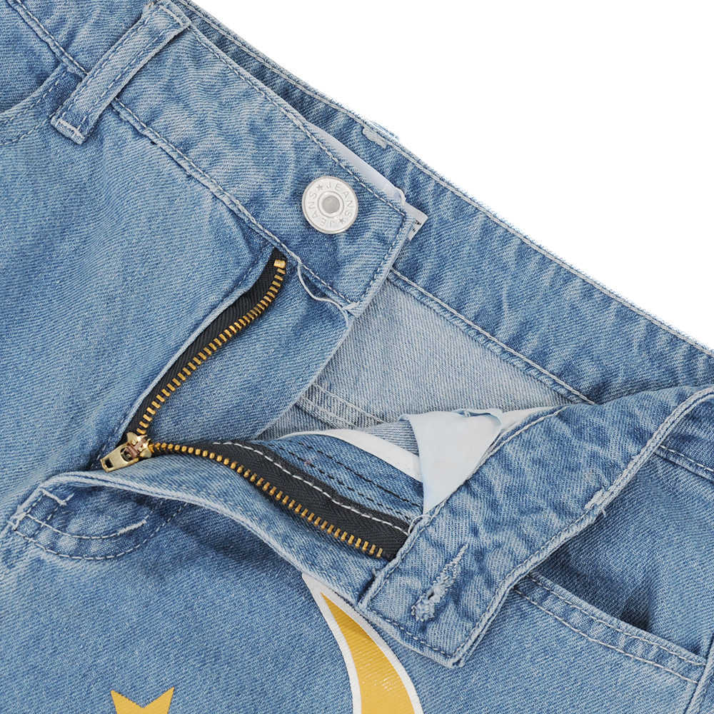 Straight Women's Cute Jeans Baggy Vintage High Waist Moon Star Pattern Young Girls Denim Pants Streetwear Female Long Jeans 210702