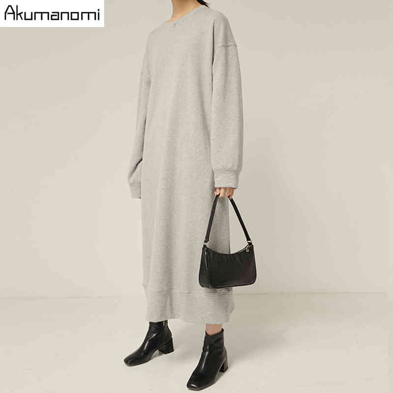 autumn spring plus size maxi dresses for women xxxl 4xl 5xl 6xl 7xl gray o neck long sleeve Casual fall dress with pockets 210409