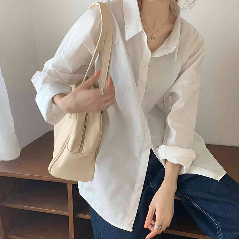 White Oversize Office Lady Loose Shirts Minimalist Solid Brief Chic Korean Stylish Lapel OL Arrival All Match Tops 210421