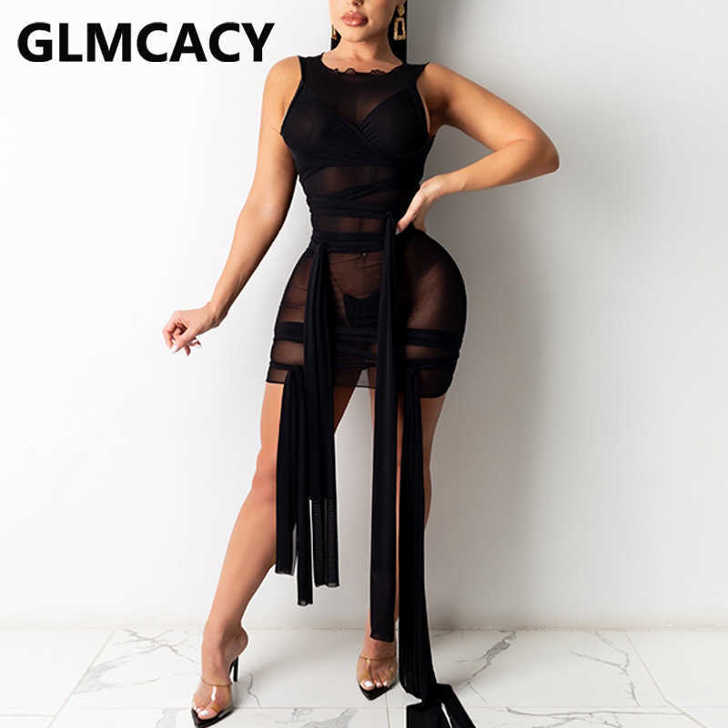 Women Sleeveless Mesh Bodycon Dress Belt Detail Night Out Club Paprty Mini Dresses 210702