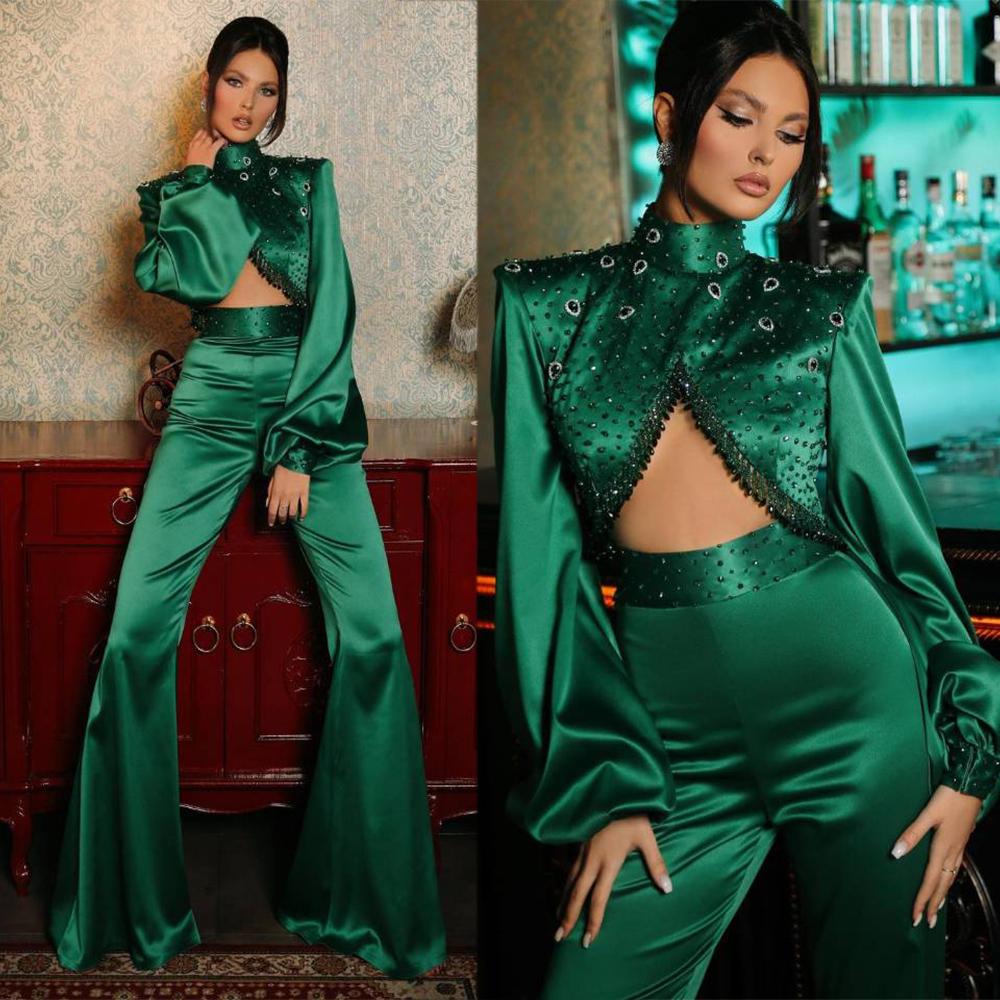 Emerald Green Satin Evening Dresses For Arabic Women Long Sleeves High Neck Split Beaded Top Prom Party Gowns Vestidos De Novia