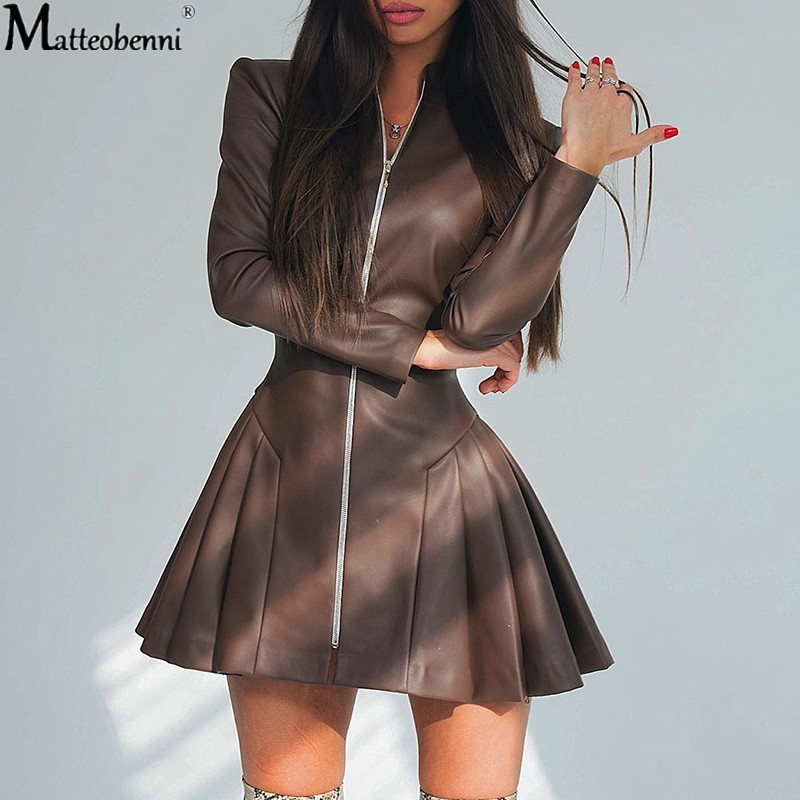 women autumn pu leather black brown mini dress long sleeve high collar zipper elegant fashion solid party club bodycon dress, Black;gray
women autumn pu leather black brown mini dress long sleeve high collar zipper elegant fashion solid party club bodycon dress, Black;gray
