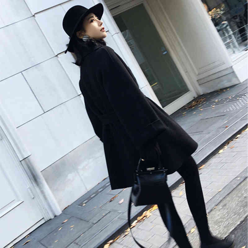 Fashion Solid Women Wool Blend Coat Autumn Winter Long Sleeve Turn-down Collar Outwear Jacket Casual Belt Woolen Coat 210414