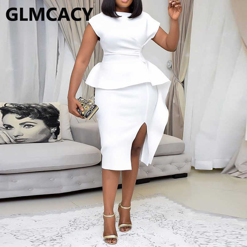 Women Short Sleeve Foam Dress Elegant Bodycon Slit Midi Dress 210702