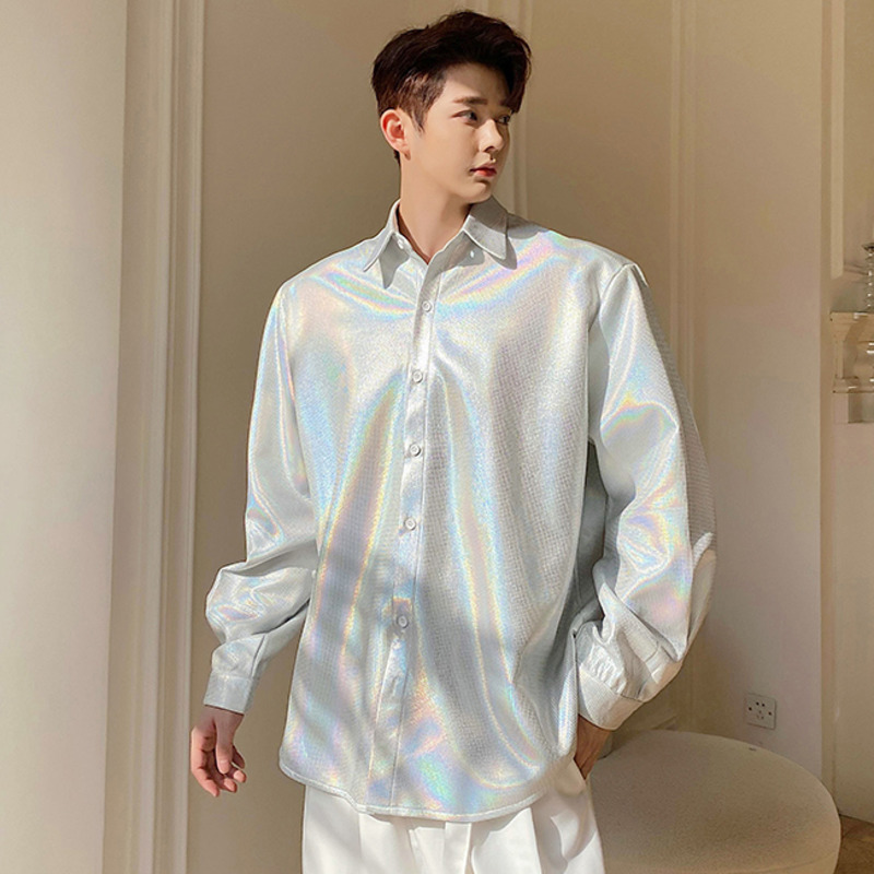 IEFB Spring Clothing Oversized Long Sleeve Korean Streetwear Men's Shirt Lapel Shiny Fabric Trend Tops Blue Clothes 9Y5776 210524