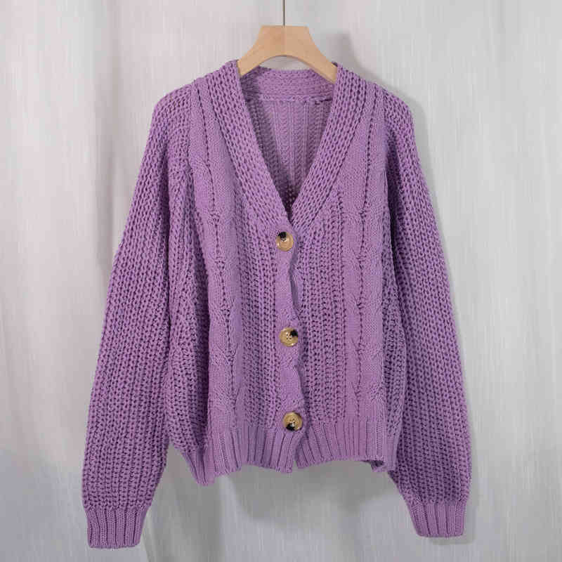 OL Elegant Vintage Solid V-neck Basic Knitted Sweater Female Tops Autumn Winter Loose Warm Cardigan Women Sweaters 210421