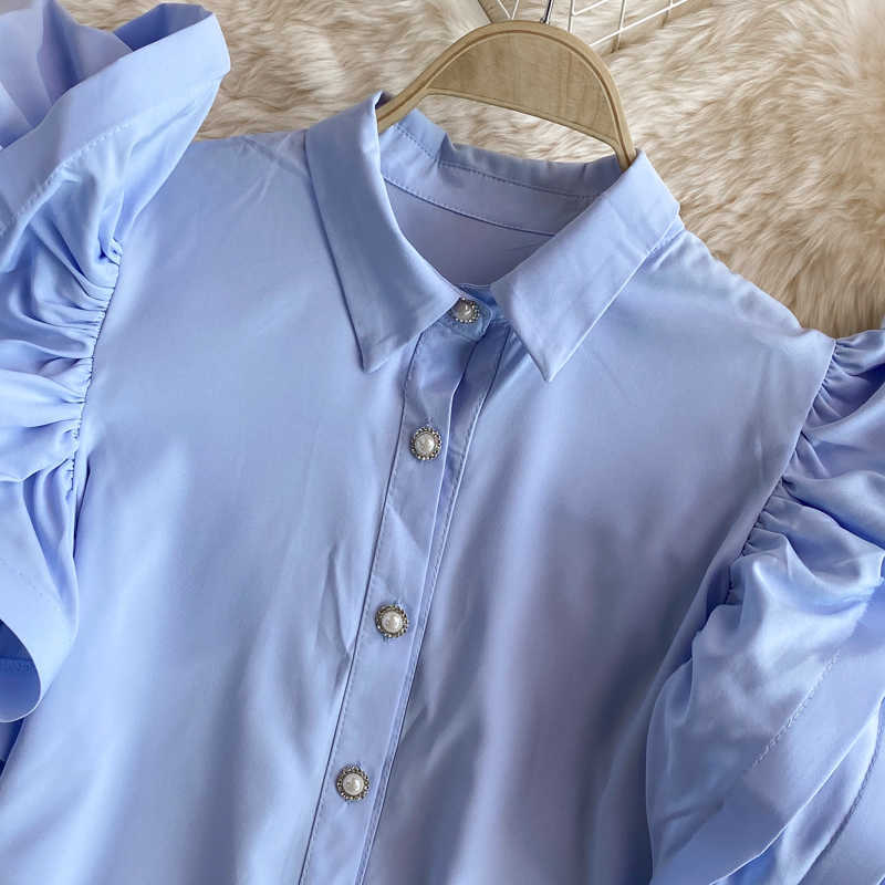 Sweet Ruffle Puff Sleeve Womens Top Summer Turn-down Collar Blouse Shirt Korean Fashion Blusas De Mujer 6J424 210603