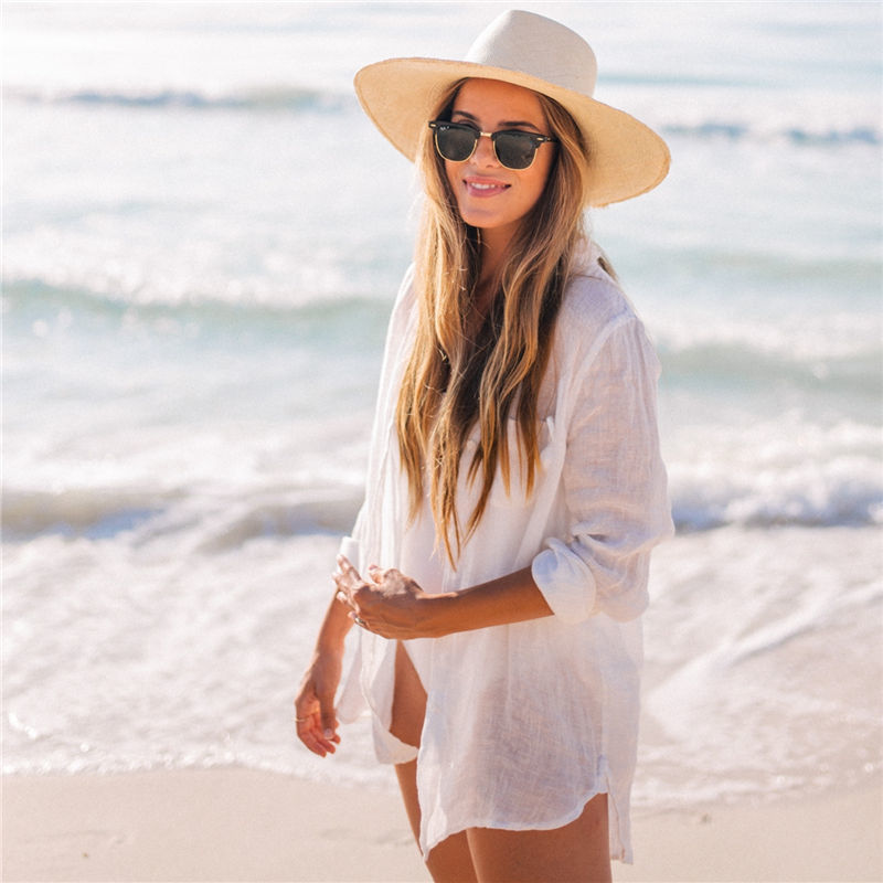 White Cotton Tunic Bikini Cover-ups Sexy Summer Beach Wear Swim Suit Cover Up Causal Women Tops saida de praia pareo Q1069 210420