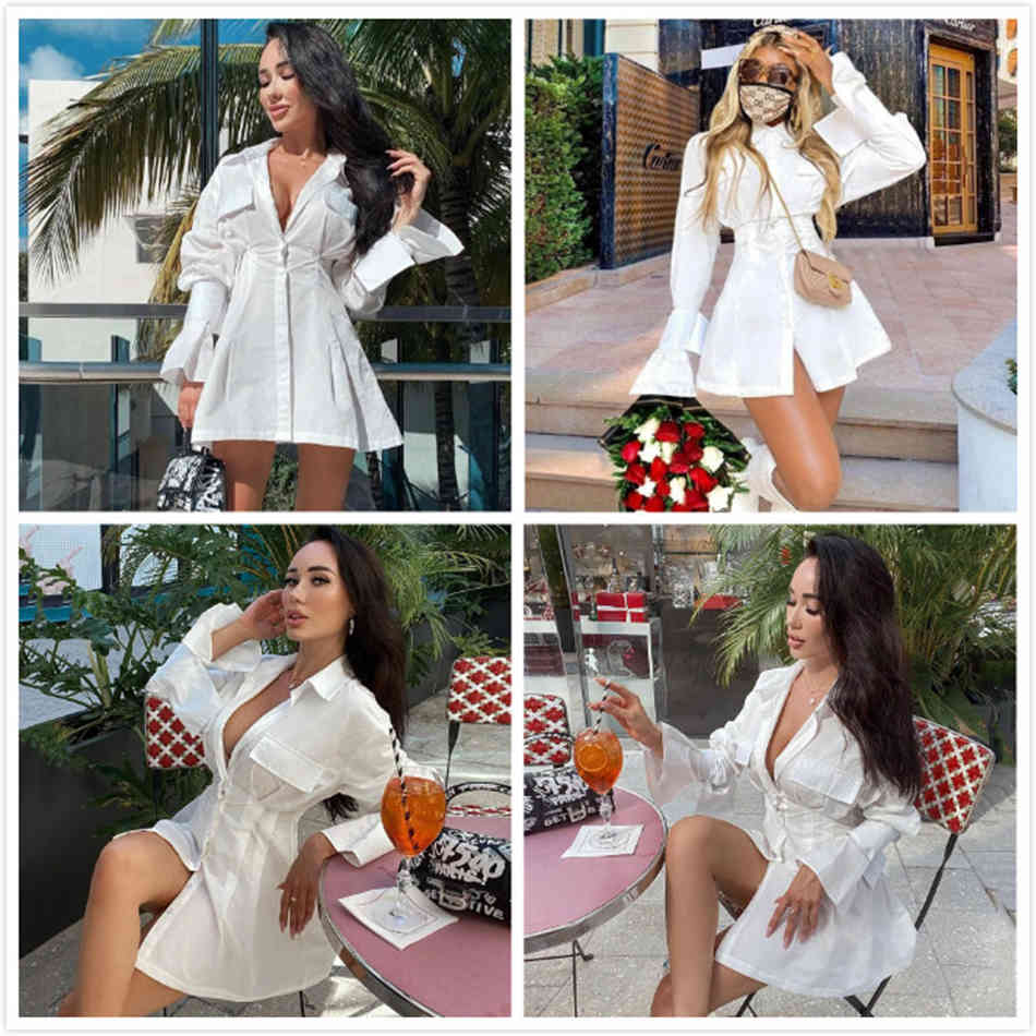 Free Women's Green Long Shirt Dress Sexy Lapel Flare Sleeve Single Breasted Bodycon Club Party Vestidos 210524