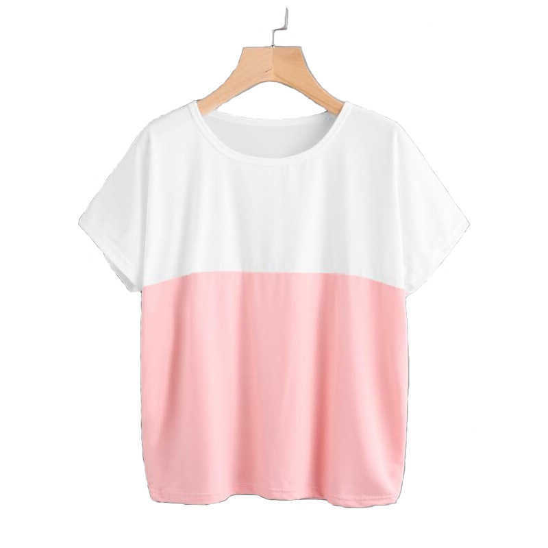 T Shirt Women 2020 Tshirt Vintage Summer Short Sleeve pactchwork color plus size cotton T-shirt Batwing Ropa Mujer WBX5849 X0628