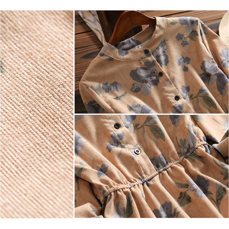 Spring Autumn Vintage Floral Printed Women Dress Long Sleeve Corduroy Button Knee Length Women Dress Vestidos 7426 50 210528