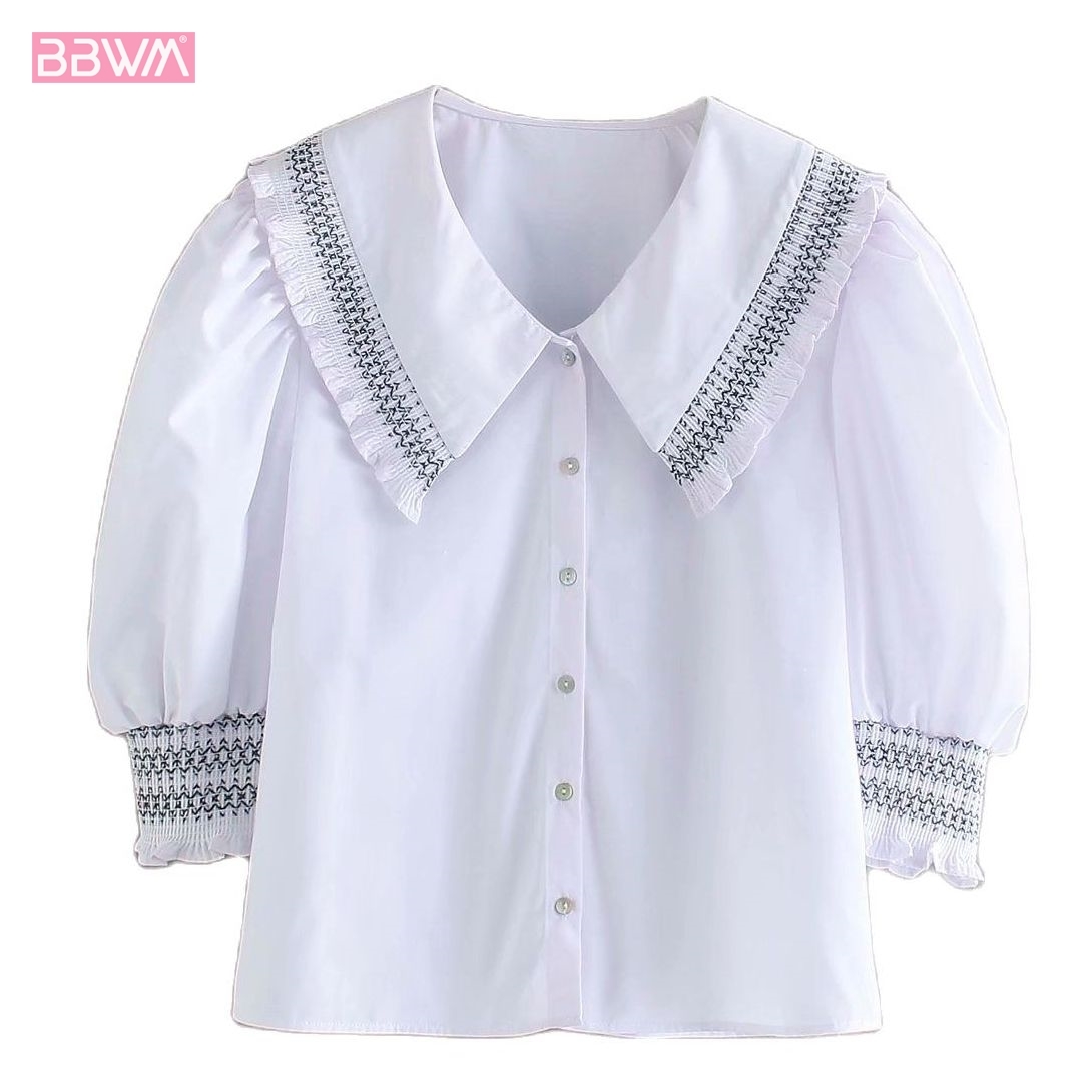 Chic Women Lapel Half Sleeve Puff Sleeve Contrast Poplin Shirt Vintage with Buttons Refreshing Female Tops 210507