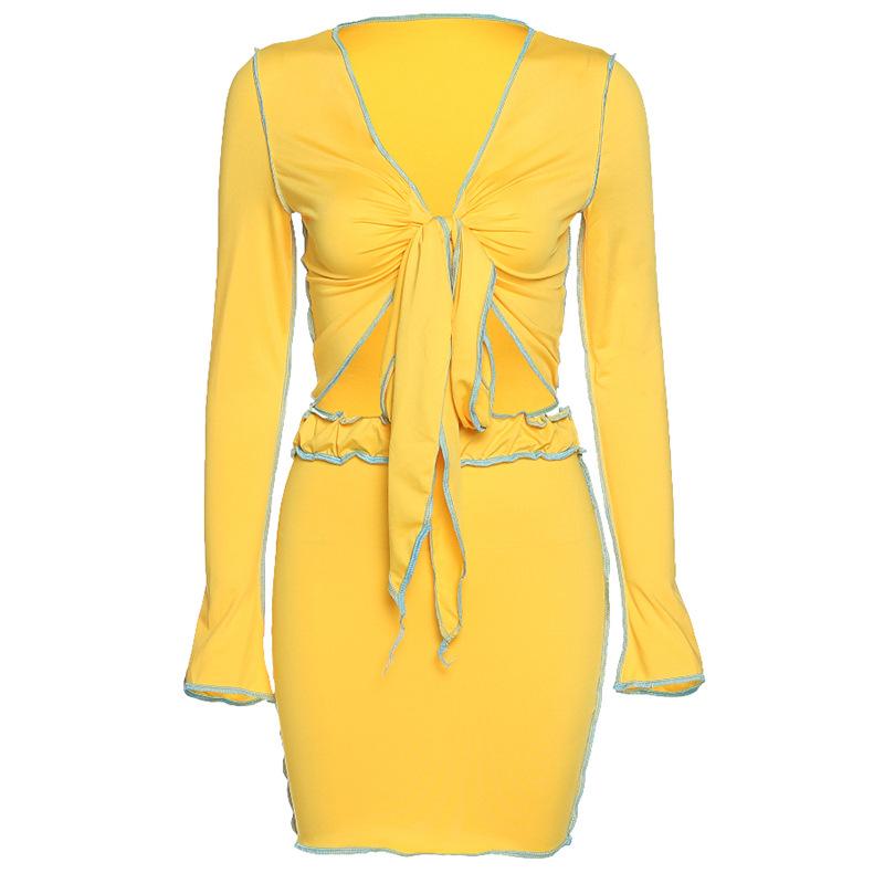 Women Two Piece Color Block Clothes Set Bow Knot Tie Front Long Sleeve Cardigan Shirt Top +Short Mini High Waist Skirt Women's Tracksuits