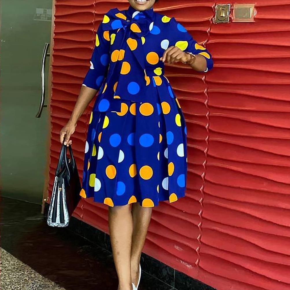printed polka dot womens dress a line pleated high waist three quarter sleeves african fashion female elegant office ladies robes, Black;gray 
printed polka dot womens dress a line pleated high waist three quarter sleeves african fashion female elegant office ladies robes, Black;gray
