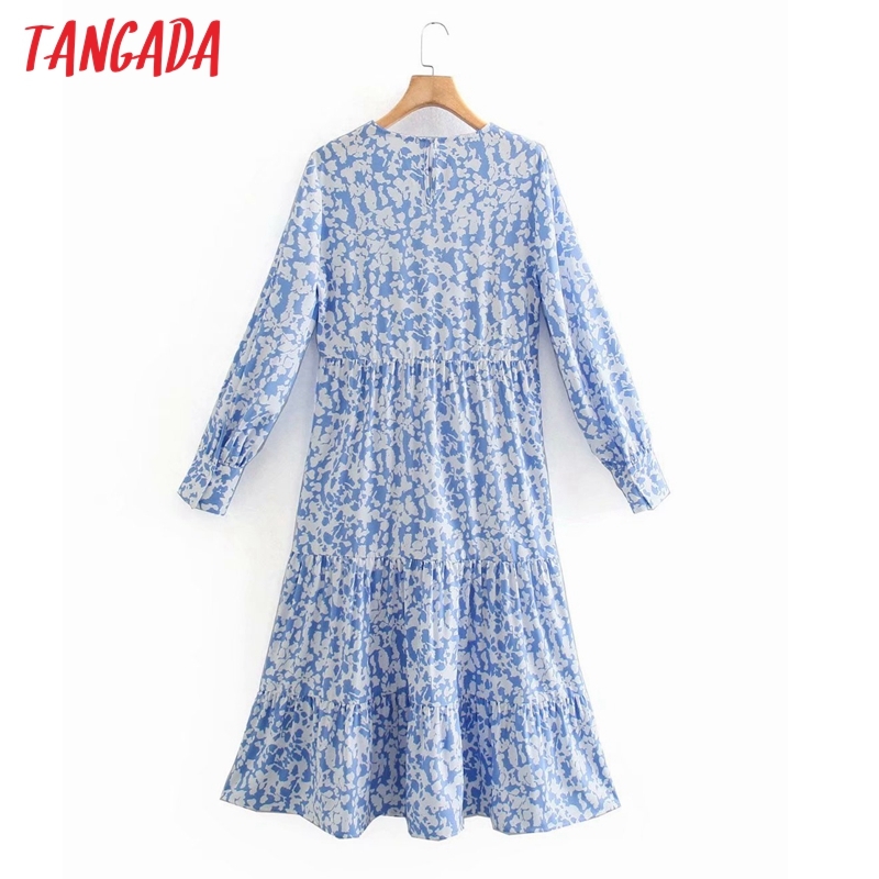 Fashion Women Blue Floral Print A-line Long Sleeve High Street Ladies Midi Dress XN311 210416