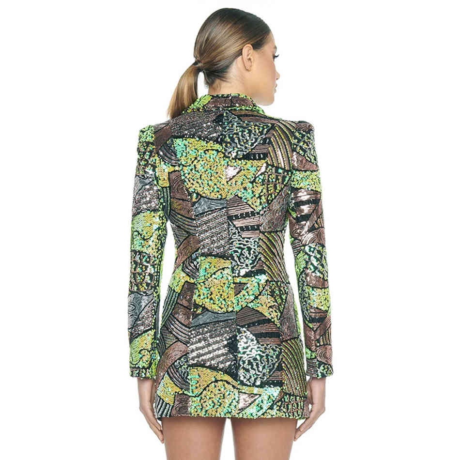 Spring Fashion Long Sleeve Dress For Women Sexy V Neck Green Sequins Mini Celebrity Club Evening Party Lady 210423