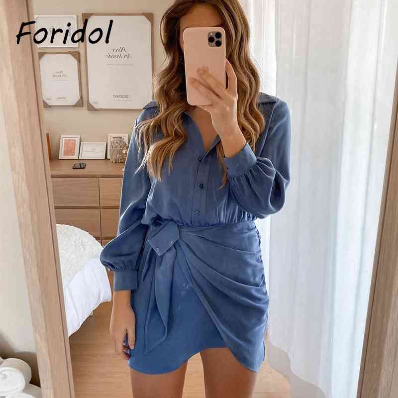 Foridol Bowknot Long Sleeve Satin Dress for Women Spring Autumn Button Up Shirt Silk Dress Casual Blue Ladies Short Blue Dress 210415