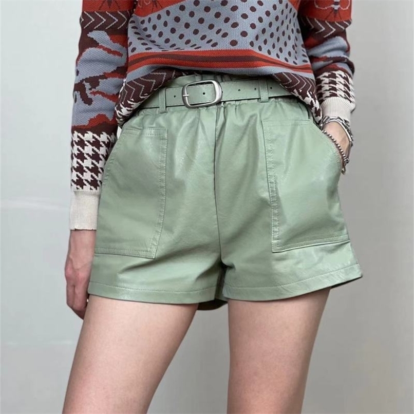 Belt Korean Style High Waist Pu Leather Shorts Women's Autumn Winter Booty 210714