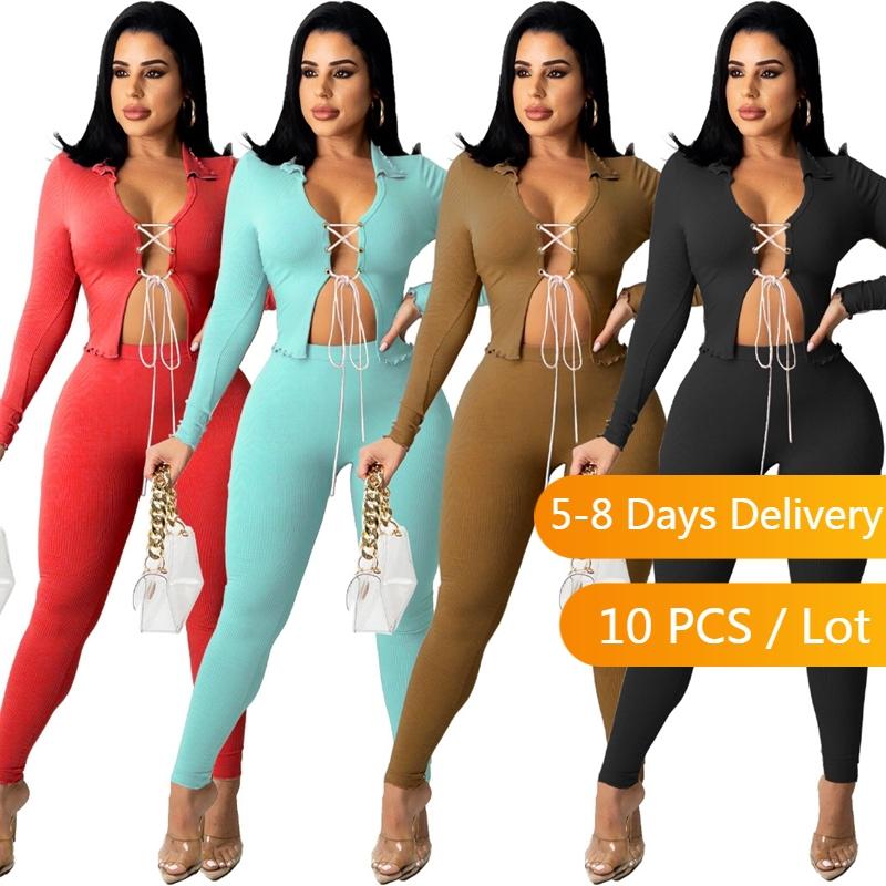 Women' Two Piece Pants Bulk Items Wholesale Lots Sexy Bandage Club Outfits For Women Fall Clothes Ribbed Set Lace Up Crop Top And, Black 
Women' Two Piece Pants Bulk Items Wholesale Lots Sexy Bandage Club Outfits For Women Fall Clothes Ribbed Set Lace Up Crop Top And, Black