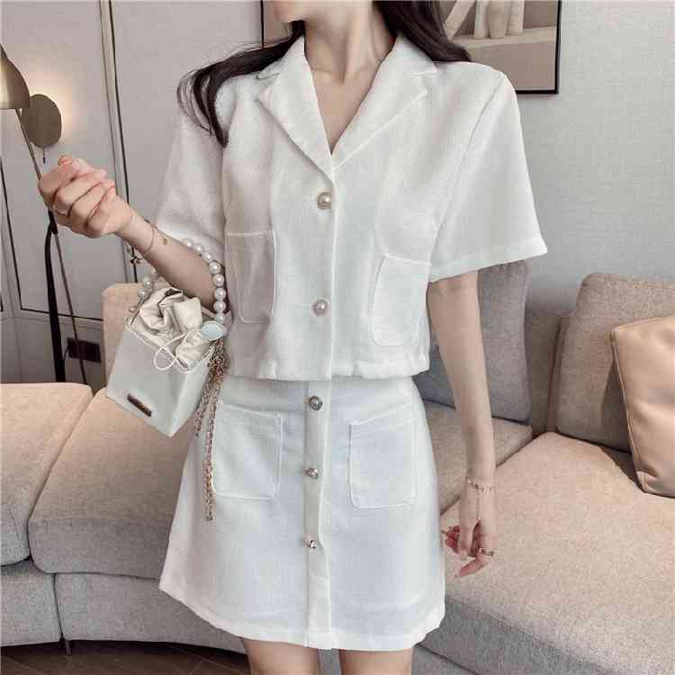 Summer Two piece Sets Vintage Women Sweet Pink Tweed Short Sleeve Crop Top + Mini A-Line Skirt Outfits Female 210519