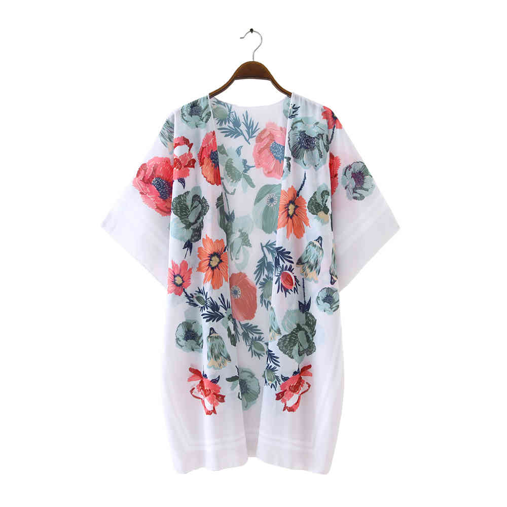 Boho Printed Bikini Cover-ups Sexy Short Sleeve Long Kimono White Tunic Women Summer Beach Wear Swim Suit Cover Up A874 210420