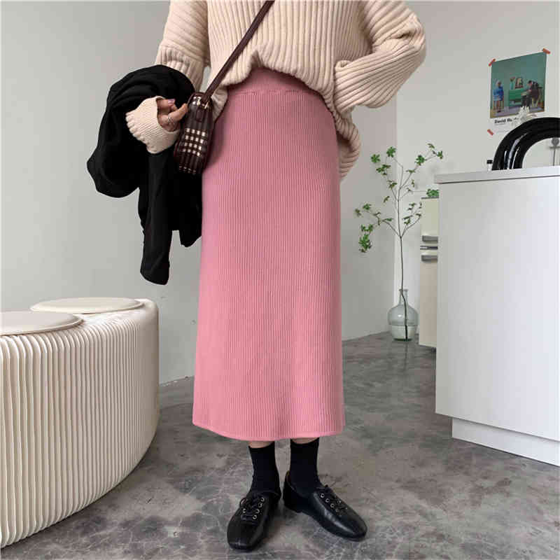 Autumn Winter High Waist Vintage Solid Knitted Skirt Female OL Elegant Fashion Package Hip Long Skirts Womens 4 Color 210421