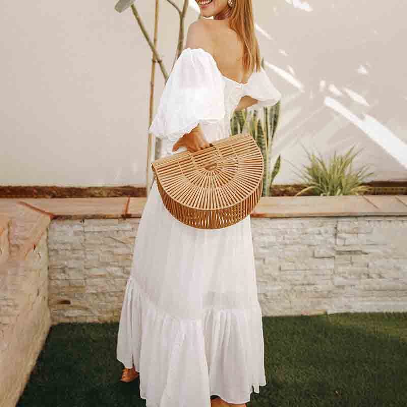 Women Dress Lantern Sleeve Slash Neck White Beach Dresses Vintage Sexy Off Shoulder Long Summer 210513