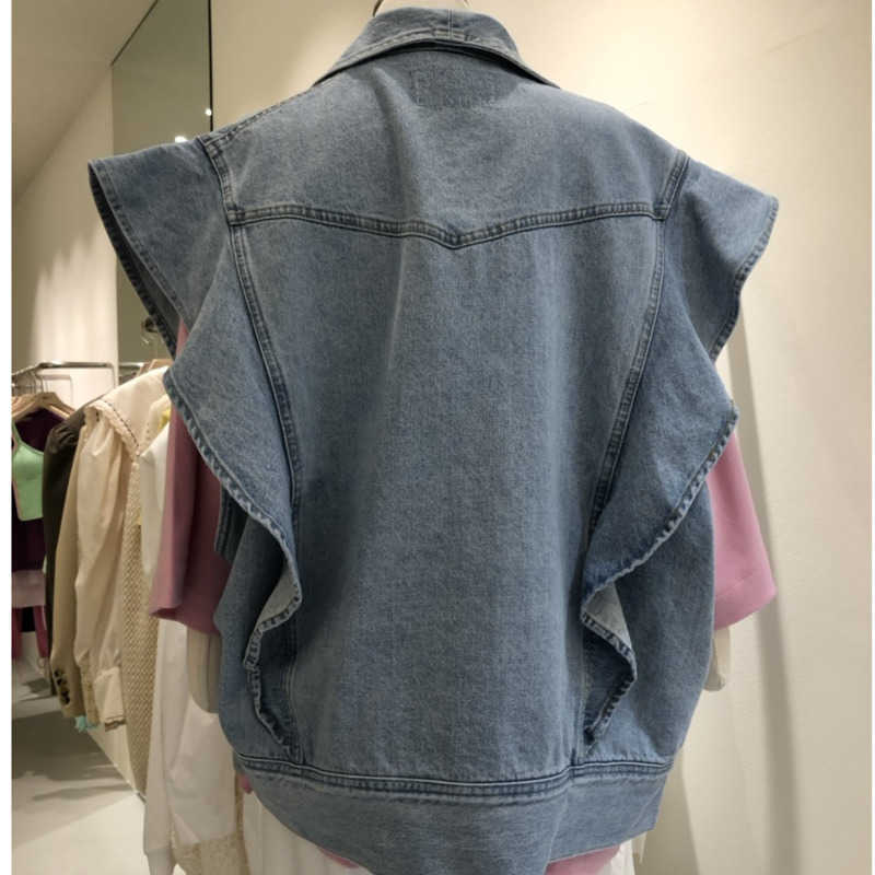 [EWQ] Korea Chic Summer Casual Lapel Ruffled Loose Blue Sleeveless Vest Jacket Women Trendy Ladies Clothing 16E 210819