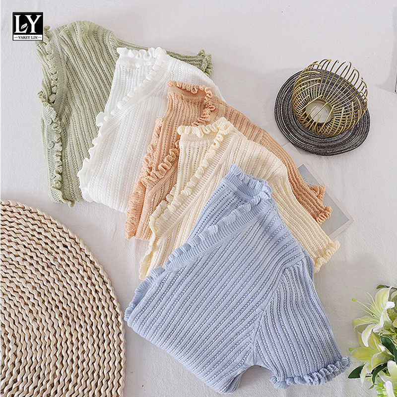 LY VAREY LIN Summer Women Fashion Edible Tree Fungus Short Sleeve Slim Tops Casual V-neck Single Breasted High Waist 210526