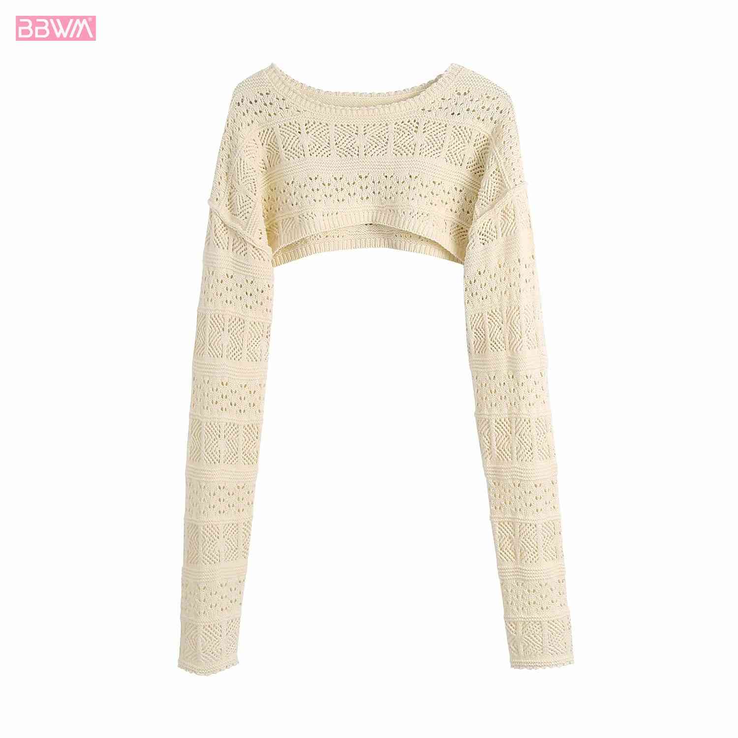 Vintage Women Round Neck Long-sleeved Short Cut-out Knitted T-shirt Fashion Solid Color Hollowed Out Leisure Chic Female Top 210507
