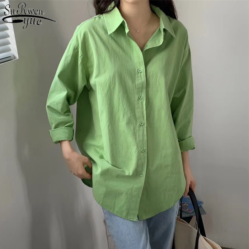 Early Autumn Korean Style Long Loose Retro Shirt Solid Color Sleeve Women Blouse Lazy Chemisier Femme 10320 210427