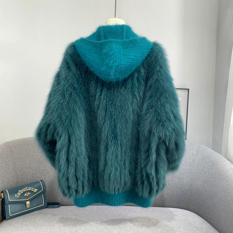 Women's Fur & Faux Knitted Hood Real Coats Women Fashion Jacket Nice Genuine Coat For Winter Stripe Sewed Together