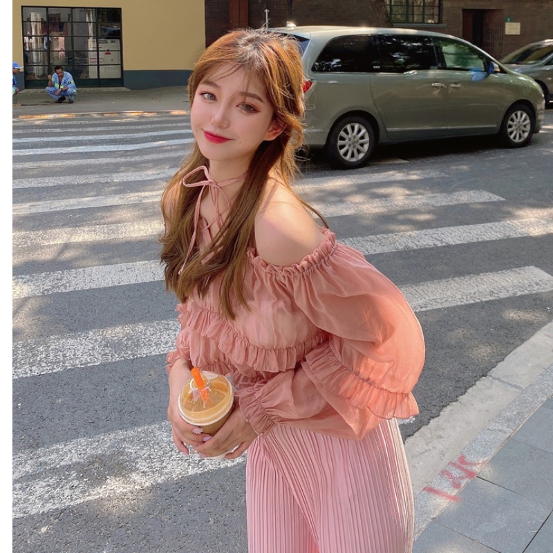 Blouse Chic Fashion Temperament Sweet White Puff Long Sleeve Lace Up Sunscreen Chiffon Shirt Sexy Halter Top Women Clothing 210429